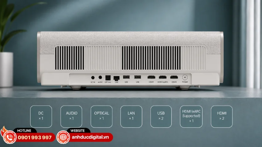 XGIMI Mira sở hữu hệ thống kết nối đầy đủ với 3 cổng HDMI, 2 cổng USB, LAN, Optical v&agrave; Audio Out