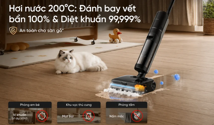 M&aacute;y h&uacute;t bụi kh&ocirc; v&agrave; ướt Dreame H16 Steam được trang bị c&ocirc;ng nghệ hơi nước SaunaClean&trade; 200&deg;C