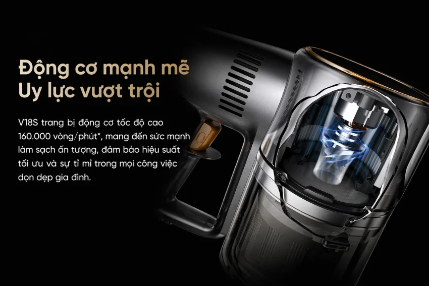  Dreame V18s trang bị động cơ kh&ocirc;ng chổi than với tốc độ quay l&ecirc;n đến 160.000 v&ograve;ng/ph&uacute;t