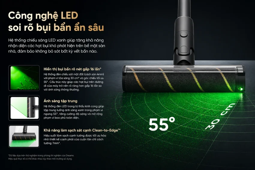 M&aacute;y h&uacute;t bụi cầm tay kh&ocirc;ng d&acirc;y Dreame V18s được trang bị đ&egrave;n LED xanh