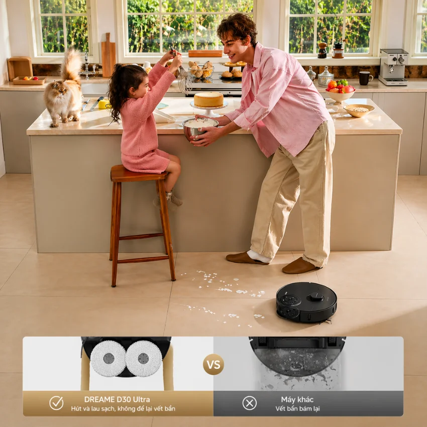Robot h&uacute;t bụi lau s&agrave;n Dreame D30 Ultra sử dụng c&ocirc;ng nghệ DuoScrub với hai giẻ lau xoay tốc độ cao