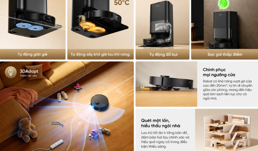 Dreame D30 Ultra c&oacute; hệ thống giặt giẻ AceClean v&agrave; sấy kh&iacute; n&oacute;ng 50&deg;C