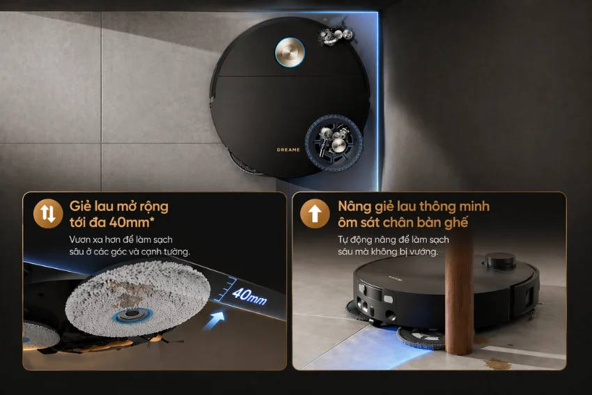 Robot h&uacute;t bụi lau s&agrave;n Dreame X60 Ultra trang bị c&aacute;nh tay k&eacute;p linh hoạt gồm chổi cạnh v&agrave; giẻ lau