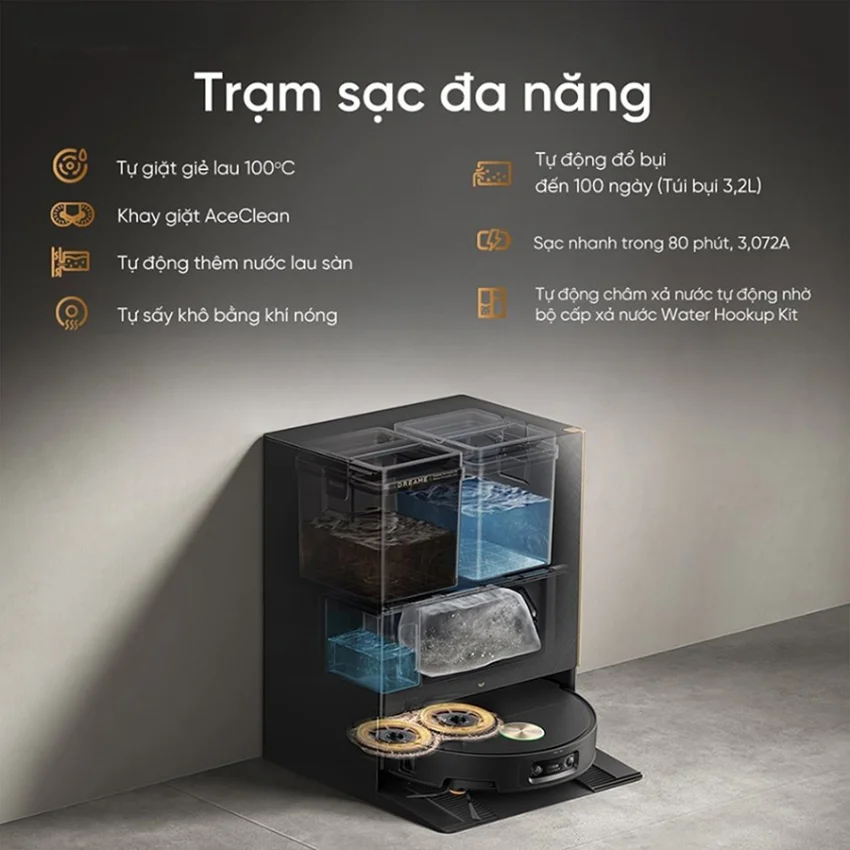 Trạm sạc của Dreame X60 Ultra hoạt động như một hệ thống tự động to&agrave;n diện