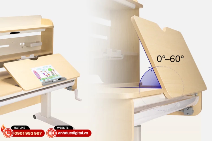 Mặt bàn AlphaDesk có khả năng điều chỉnh góc nghiêng lên đến 60°
