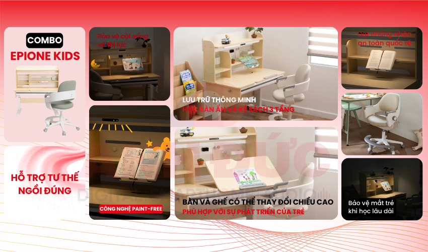 Combo bàn học thông minh Epione AlphaDesk, ghế chống gù SIDIZ Ringo và đèn học Epione AlphaLight