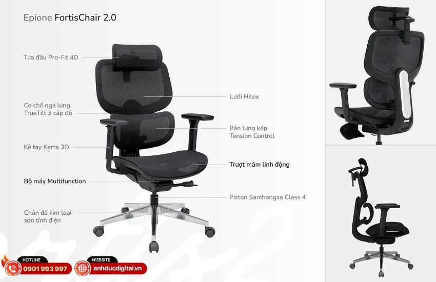 Thiết kế công thái học FortisChair 2.0 hỗ trợ cột sống