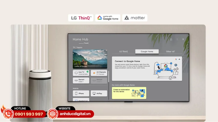 Tivi LG UHD AI 4K c&oacute; kết nối đa dạng v&agrave; hỗ trợ Google Cast, Apple AirPlay, LG ThinQ, Google Home v&agrave; Apple Home