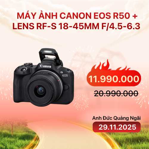 Máy ảnh Canon EOS R50 + Lens RF-S 18-45mm f/4.5-6.3 | Black (Chính hãng)