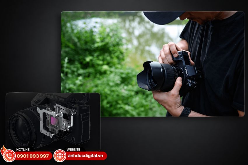 Fujifilm GFX100 II IR được trang bị hệ thống ổn định h&igrave;nh ảnh IBIS bằng cơ chế dịch chuyển cảm biến tr&ecirc;n 5 trục