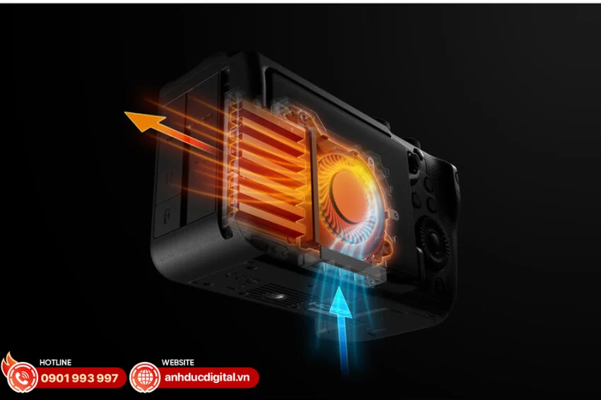  Canon R6 V được t&iacute;ch hợp hệ thống tản nhiệt chủ động gi&uacute;p duy tr&igrave; hiệu suất quay video độ ph&acirc;n giải cao