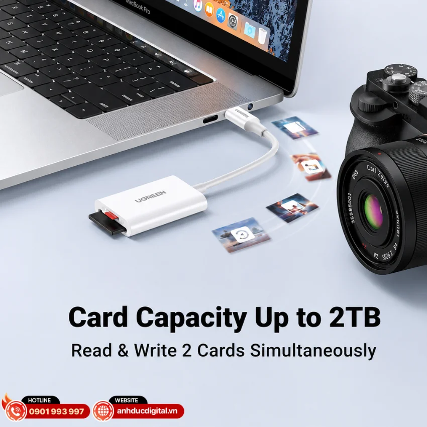 Ugreen 35506 được trang bị hai khe đọc SD v&agrave; microSD (TF) cho ph&eacute;p đọc đồng thời cả hai thẻ