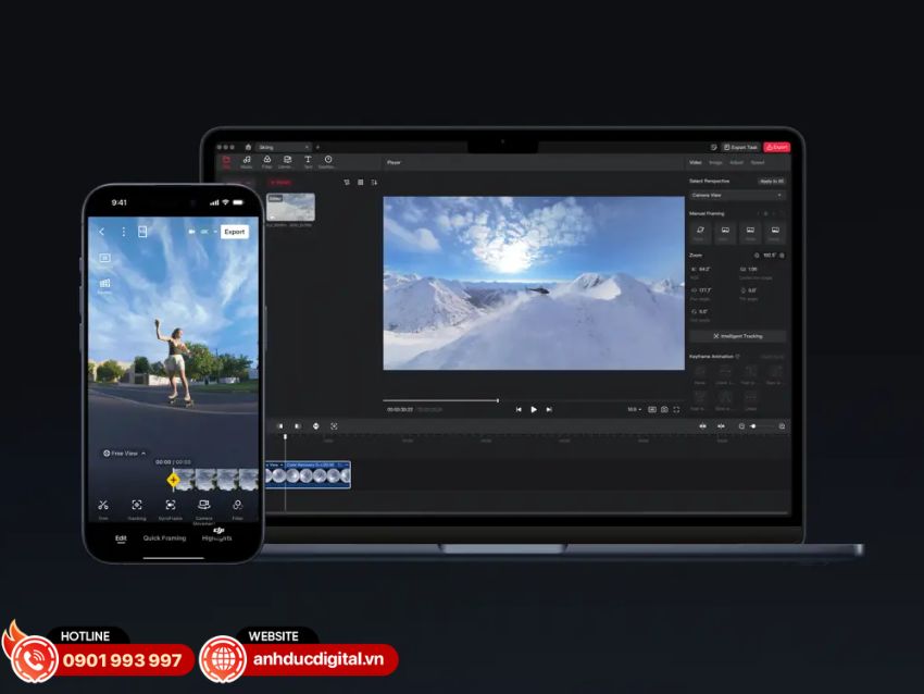 DJI Avata 360 được hỗ trợ bởi DJI Fly v&agrave; DJI Studio&nbsp;gi&uacute;p đơn giản h&oacute;a qu&aacute; tr&igrave;nh xử l&yacute; footage 360&deg;