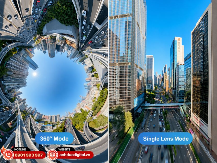DJI Avata 360 hỗ trợ đồng thời chế độ 360&deg; v&agrave; Single Lens để đ&aacute;p ứng nhiều nhu cầu quay phim