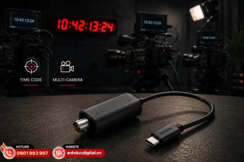 Cáp chuyển đổi timecode Sony VMC-BNCU1 cho phép máy quay Sony FX5 nhận tín hiệu mã thời gian từ bộ tạo Timecode bên ngoài thông qua cổng USB Type-C