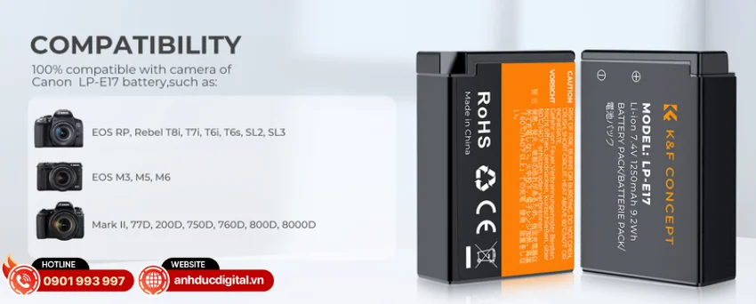 K&F LP-E17 KF28.0014V3 được thiết kế để thay thế pin Canon LP-E17 v&agrave; tương th&iacute;ch với nhiều d&ograve;ng m&aacute;y ảnh Canon