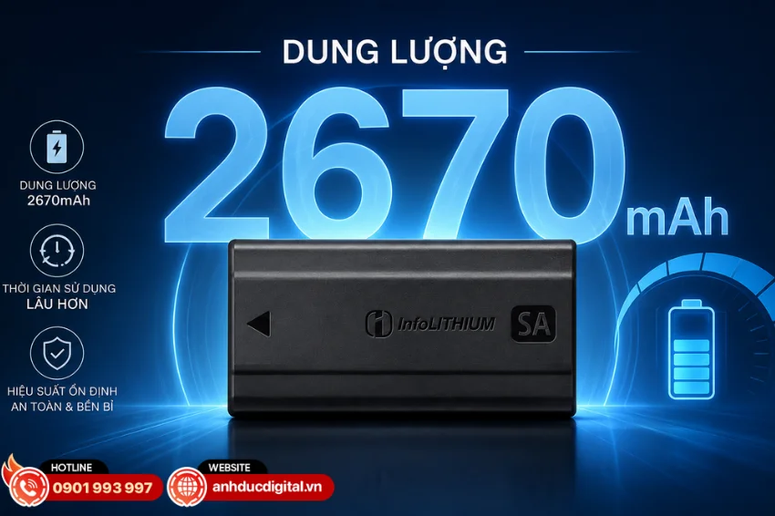 Sony NP-SA100 sở hữu dung lượng lớn 2670mAh
