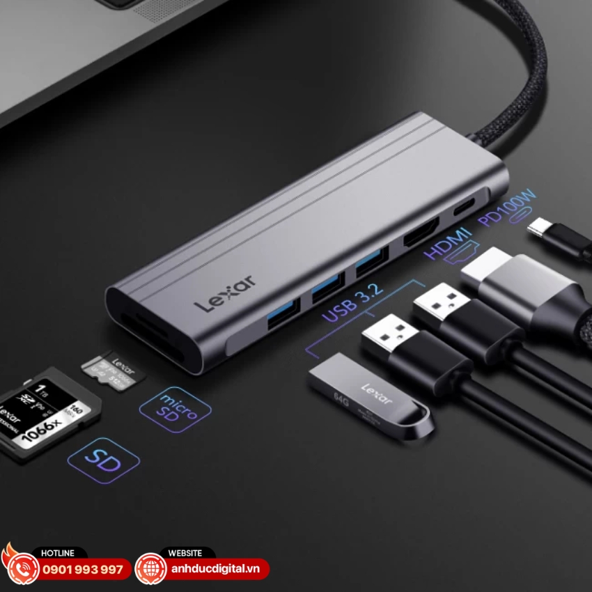 Đầu đọc thẻ Lexar 7-in-1 USB-C Hub H31 tích hợp đầy đủ các cổng USB-A, USB-C, HDMI 4K@60Hz, SD™ và microSD™