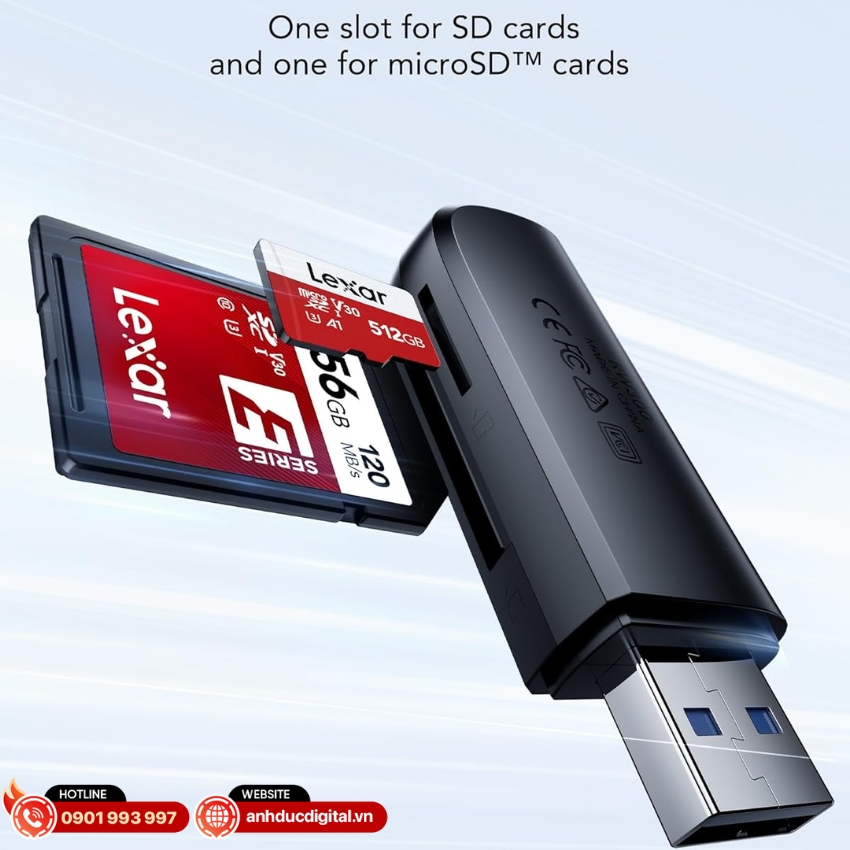 Đầu đọc thẻ Lexar Dual-Slot USB-A Reader được trang bị hai khe cắm