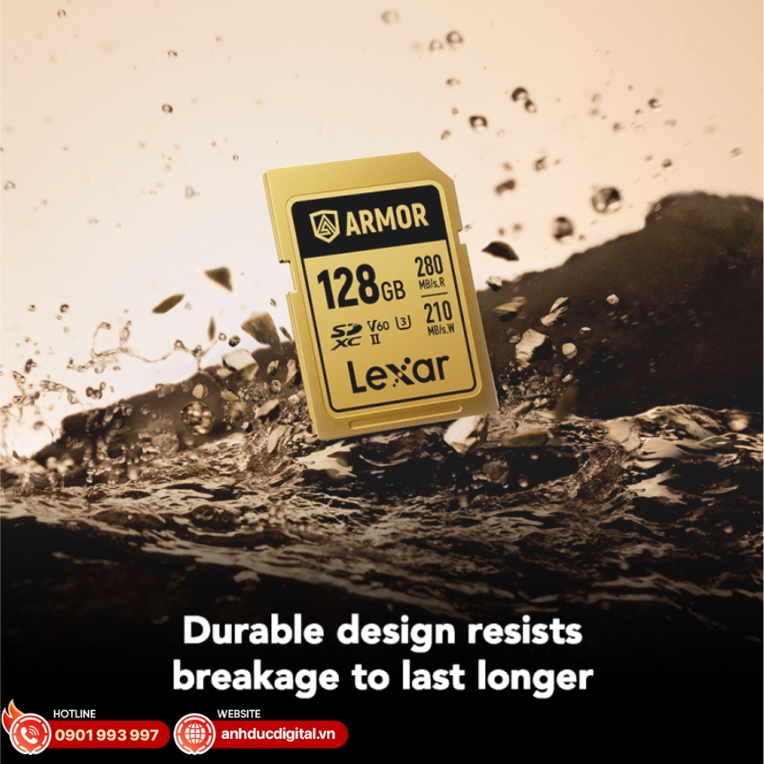 Thẻ nhớ Lexar ARMOR GOLD SDXC UHS-II thiết kế liền khối, không gờ và không có công tắc chống ghi
