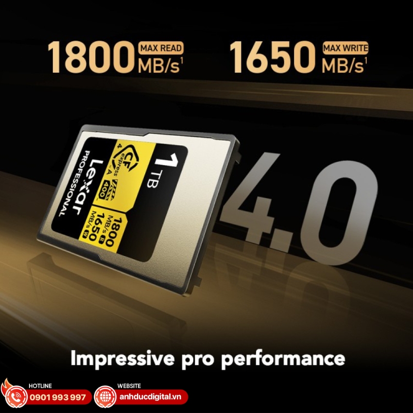 Lexar Professional GOLD CFexpress 4.0 Type A đạt tốc độ đọc tối đa 1800 MB/s, ghi tối đa 1650 MB/s