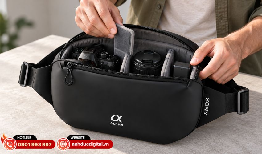 B&ecirc;n trong Sony Alpha Sling AS24 được trang bị hệ thống v&aacute;ch ngăn chống sốc c&oacute; thể th&aacute;o rời v&agrave; t&ugrave;y chỉnh theo thiết bị mang theo