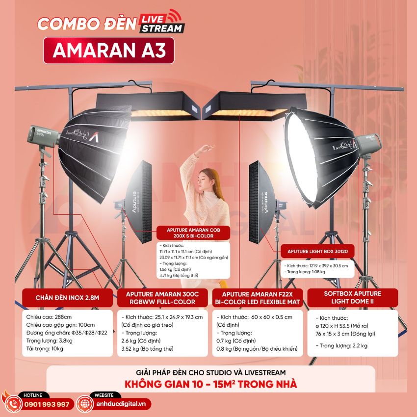 Combo đèn livestream Amaran A3 là lựa chọn tối ưu cho không gian từ 10-15m²,