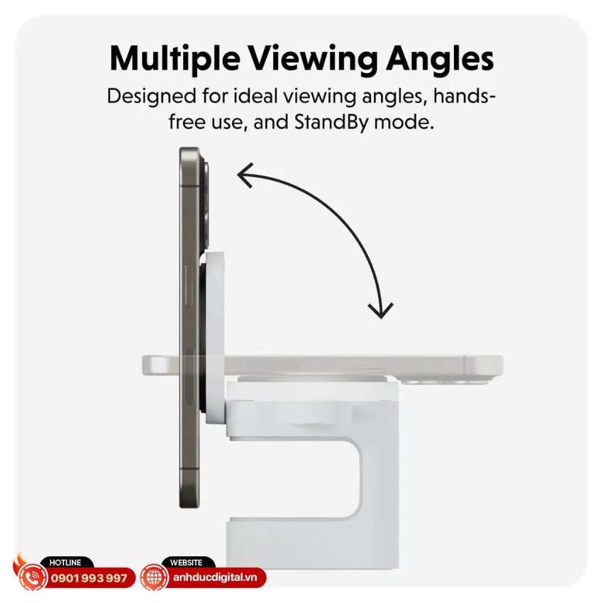 HyperJuice Qi2 3-in-1 magnetic charging stand được tích hợp chân đế có thể điều chỉnh góc