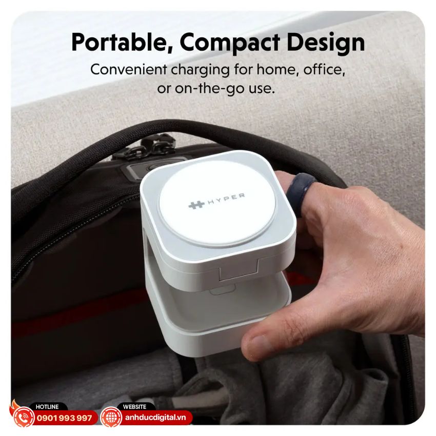 Thiết kế gấp gọn tiện lợi của HyperJuice Qi2 3-in-1 magnetic charging stand