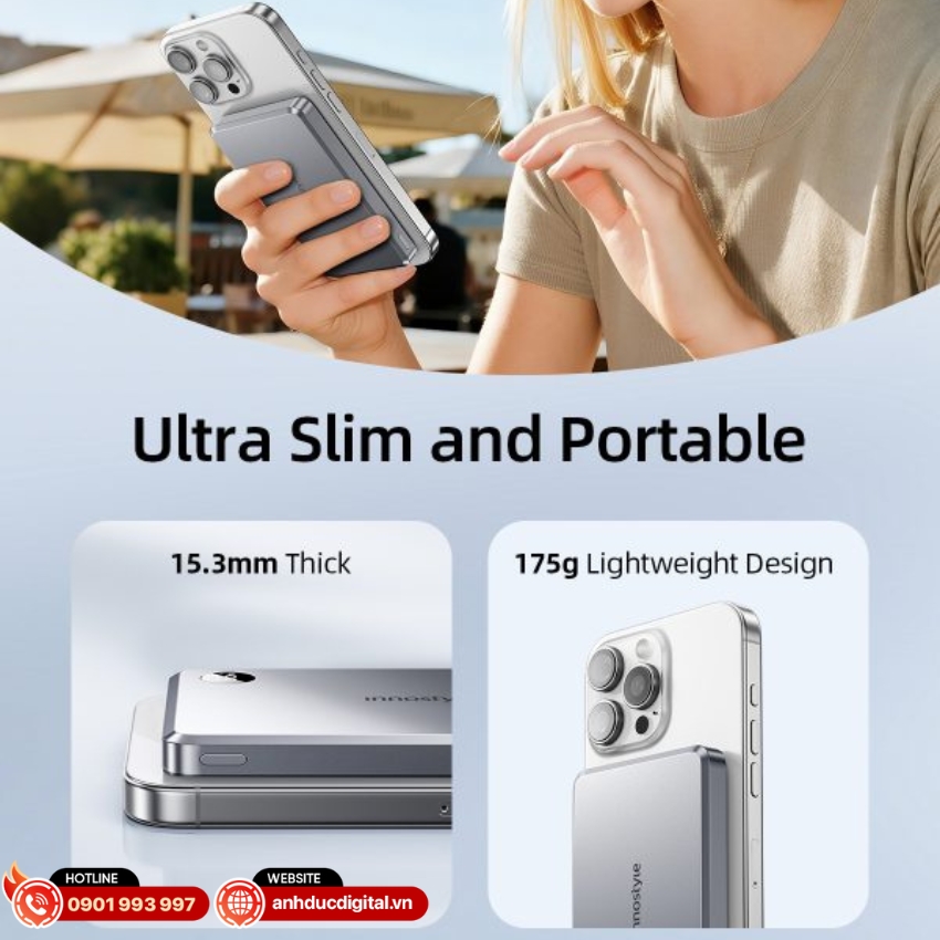 Sạc dự phòng Innostyle MagSlim Premium 10000 IMS10K sở hữu độ dày chỉ 15.3mm và trọng lượng nhẹ 175g