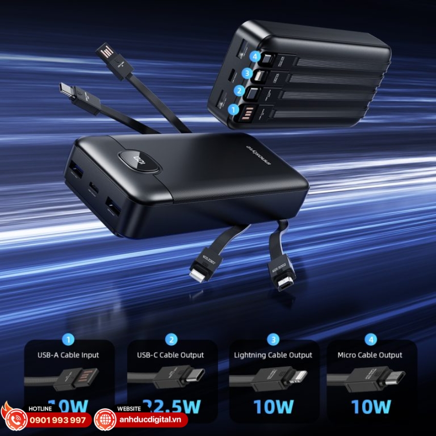 Innostyle MultiCharge Go 20.000mAh &ndash; MCG20K t&iacute;ch hợp sẵn 4 loại c&aacute;p gồm Lightning, USB-C, Micro USB v&agrave; USB-A