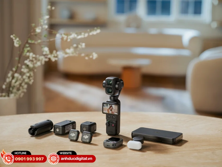 DJI Osmo Pocket 4P hỗ trợ kết nối với DJI Mic để thu &acirc;m v&agrave; điều khiển từ xa th&ocirc;ng minh