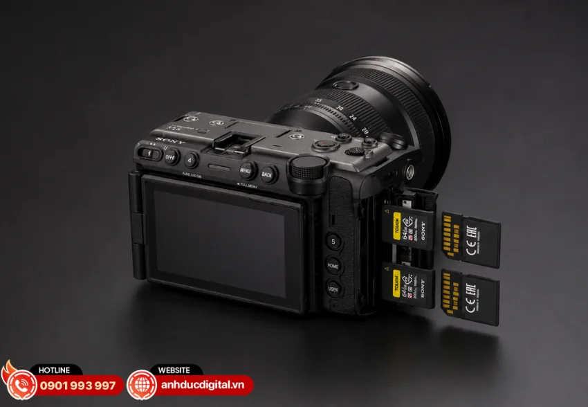 Sony FX5 được trang bị hai khe thẻ nhớ k&eacute;p, hỗ trợ cả CFexpress Type A v&agrave; SDXC UHS-II