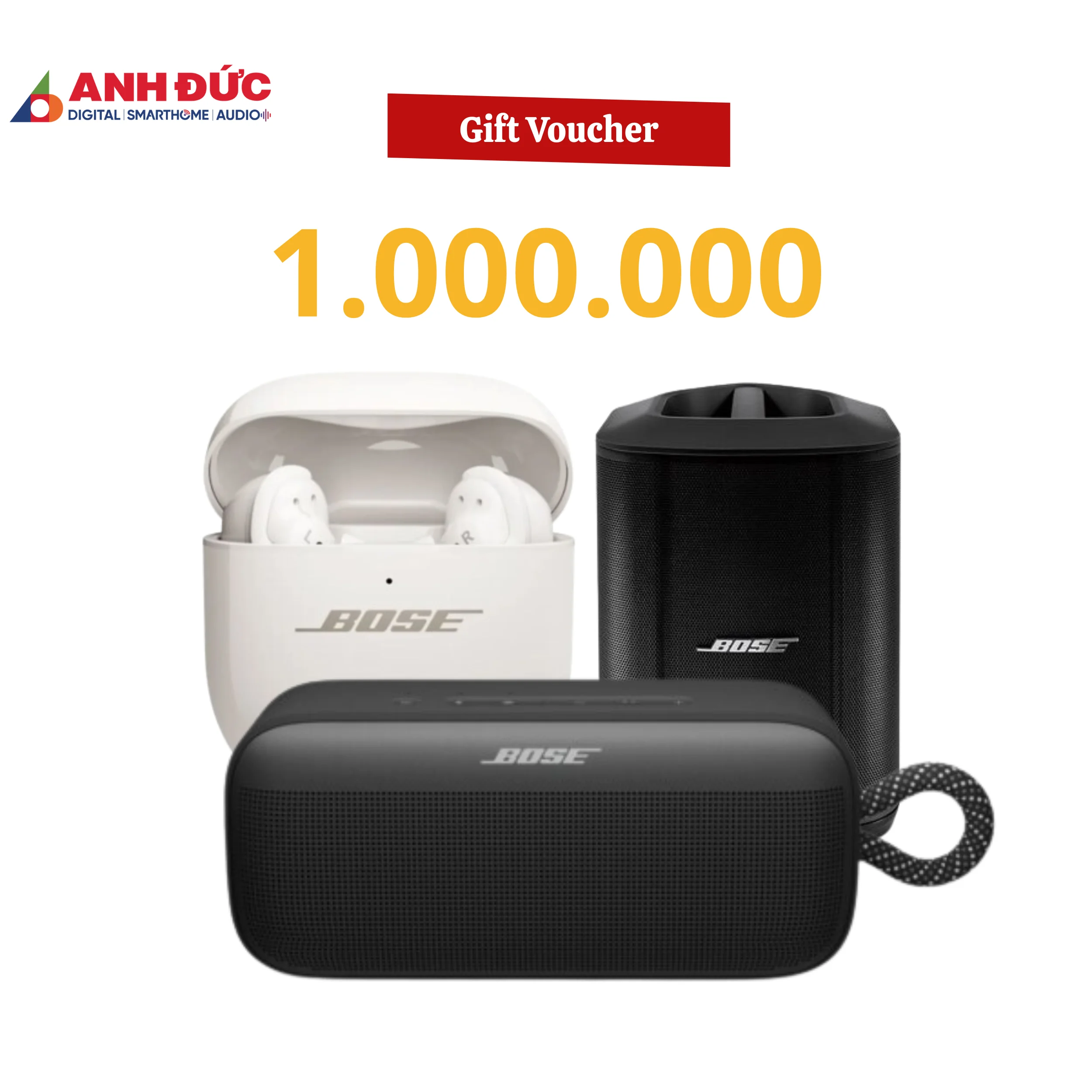 Voucher trị giá 1.000.000đ được áp dụng khi khách hàng mua các sản phẩm loa và tai nghe từ Bose