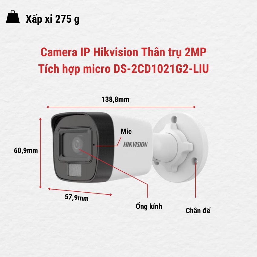 Camera IP Hikvision Thân trụ 2MP - Tích hợp micro DS-2CD1021G2-LIU
