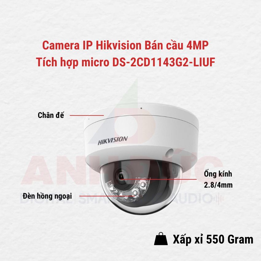 Camera IP Hikvision Bán cầu 4MP -Tích hợp micro DS-2CD1143G2-LIUF