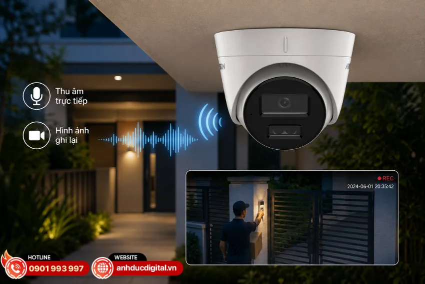 Camera IP Hikvision DS-2CD1323G2-LIU được trang bị micro tích hợp cho phép thu âm trực tiếp
