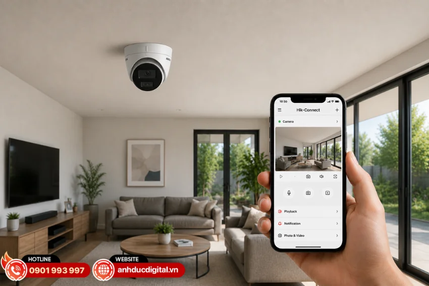 Camera Hikvision DS-2CD1323G2-LIU có thể dễ dàng xem trực tiếp, xem lại hình ảnh từ xa trên điện thoại thông qua ứng dụng Hik-Connect