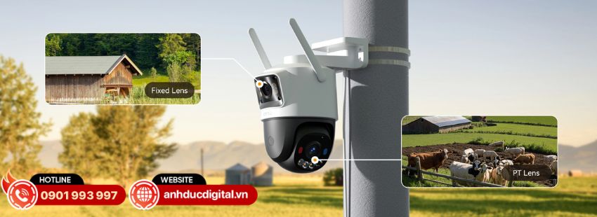Imou Cruiser Dual 2C 4G được trang bị 2 ống k&iacute;nh gồm một ống k&iacute;nh cố định 3MP v&agrave; một ống k&iacute;nh PT 3MP 