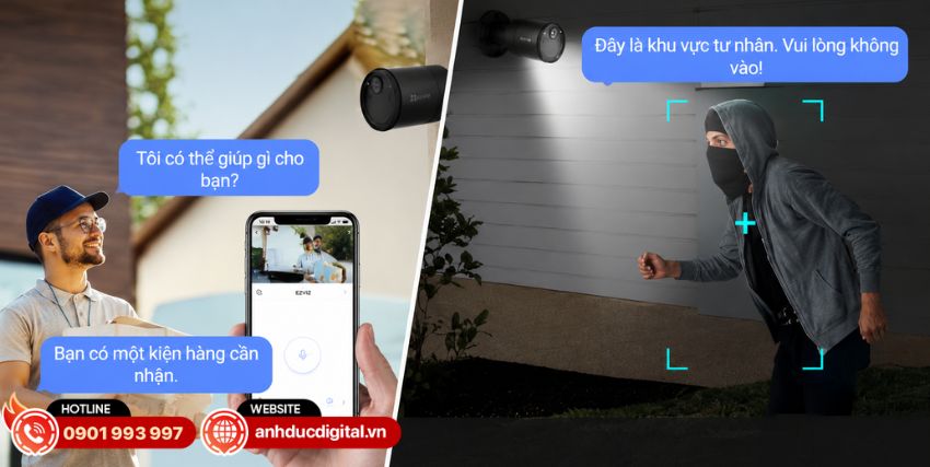 BC1C 4K được t&iacute;ch hợp micro v&agrave; loa, hỗ trợ đ&agrave;m thoại hai chiều để người d&ugrave;ng c&oacute; thể giao tiếp với người ở khu vực camera