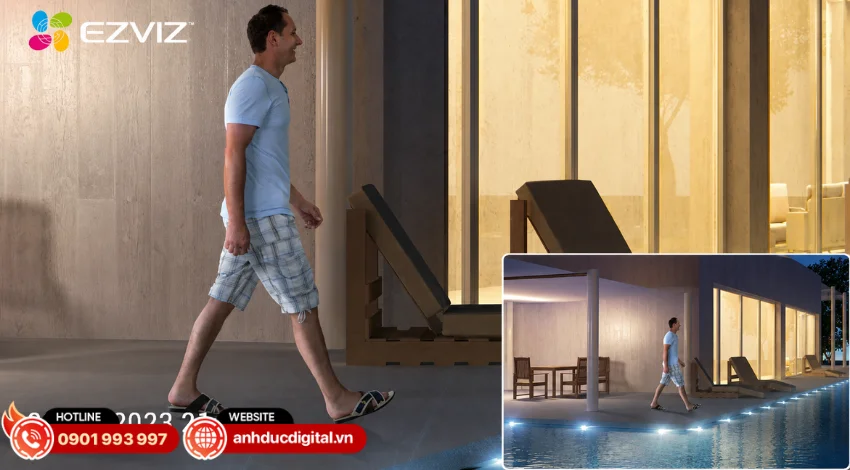 EZVIZ C8c 2K+ sẽ tự động xoay để theo d&otilde;i đối tượng v&agrave; thu ph&oacute;ng nhằm ghi lại h&igrave;nh ảnh r&otilde; hơn