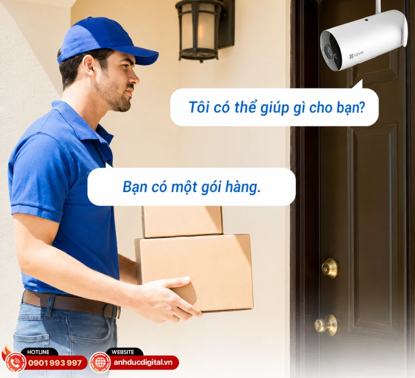 EZVIZ H5 PoE t&iacute;ch hợp sẵn micro v&agrave; loa, hỗ trợ đ&agrave;m thoại hai chiều qua ứng dụng EZVIZ
