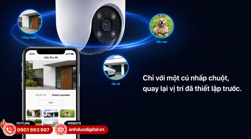EZVIZ H8c Pro 4K hỗ trợ hai chế độ tuần tra tự động v&agrave; lưu 12 điểm quan s&aacute;t