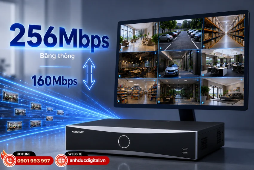 Hikvision DS-8616NXI-K8 được trang bị băng th&ocirc;ng đầu v&agrave;o/đầu ra 160Mbps