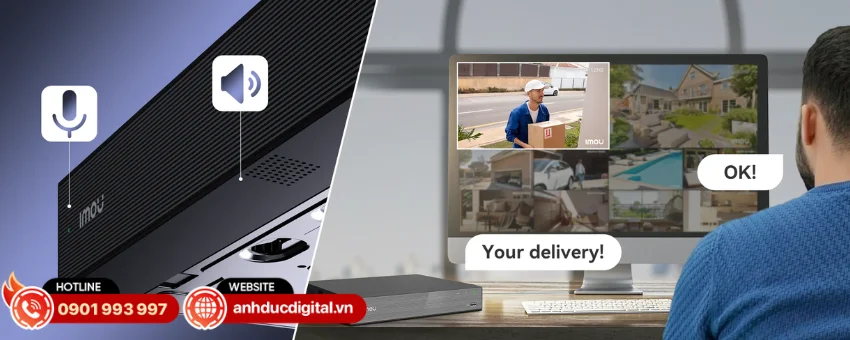 Đầu ghi IMOU NVR-N110-8A0E được t&iacute;ch hợp micro v&agrave; loa&nbsp;cho ph&eacute;p người d&ugrave;ng thực hiện đ&agrave;m thoại hai chiều trực tiếp