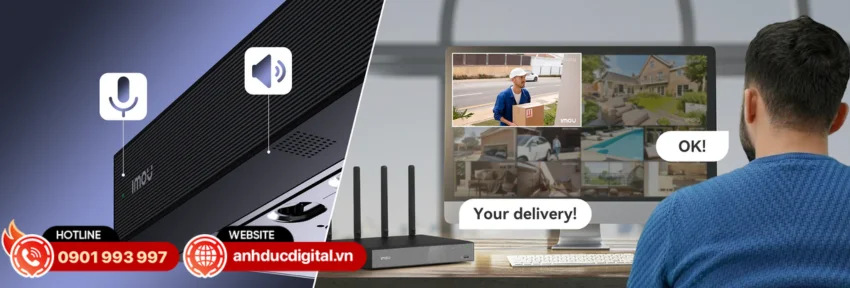 Imou NVR-N110W-8A0E được t&iacute;ch hợp sẵn micro v&agrave; loa, hỗ trợ giao tiếp hai chiều với camera