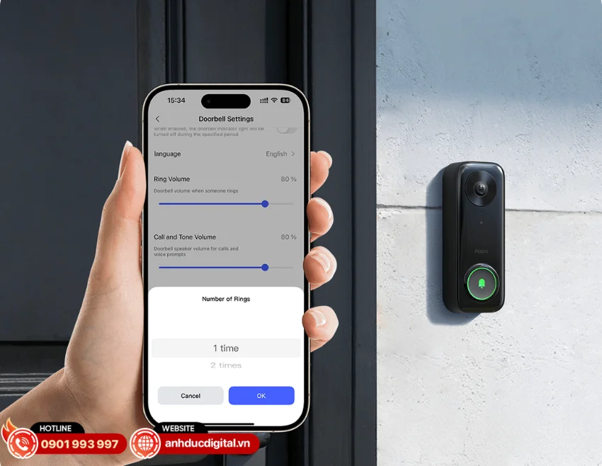 Chu&ocirc;ng cửa th&ocirc;ng minh Aqara G400 DB-C03D cho ph&eacute;p t&ugrave;y chỉnh số lần chu&ocirc;ng reo