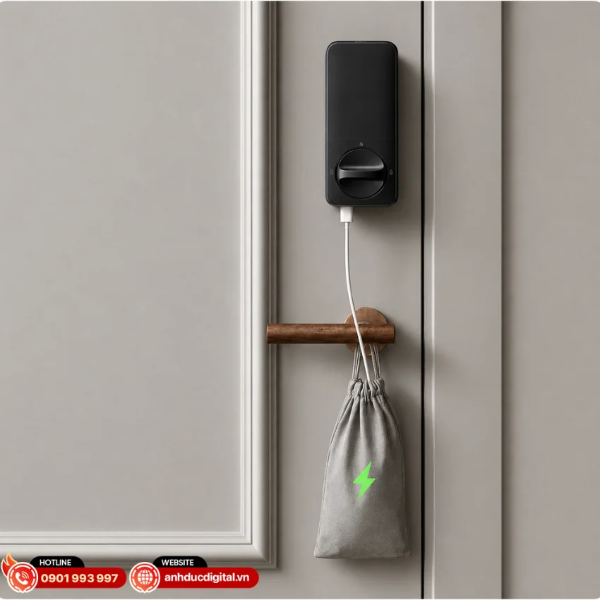 khoa-cua-thong-minh-aqara-u400-6 c&oacute; pin sạc dung lượng lớn v&agrave; t&iacute;ch hợp cổng USB-C hiện đại