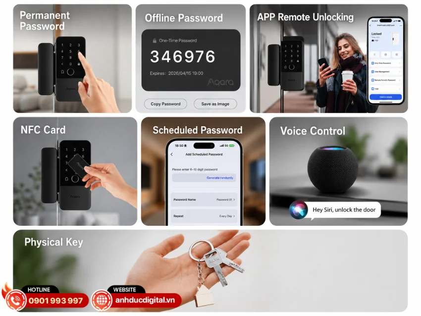 Aqara Smart Glass Door Lock U500 hỗ trợ nhiều phương thức mở khóa nhằm đáp ứng nhu cầu sử dụng linh hoạt