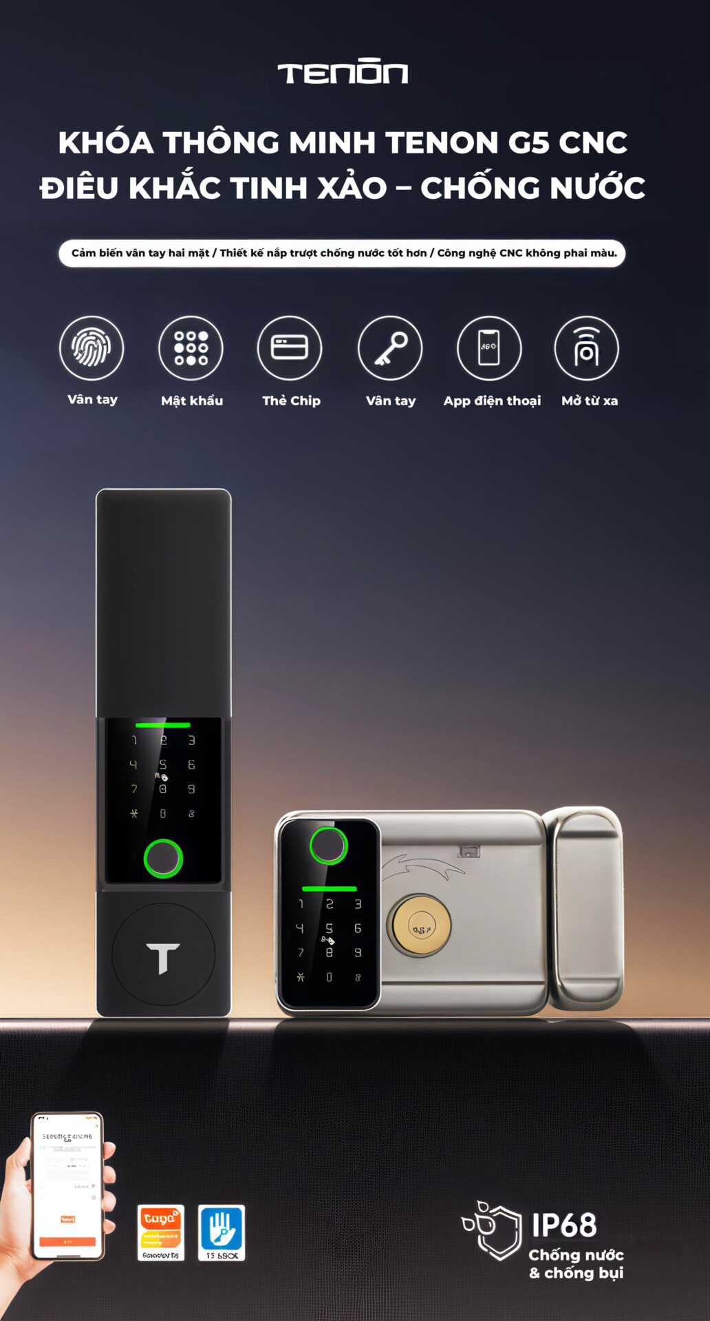 Khóa Tenon G5 CNC mở bằng vân tay, mật khẩu, thẻ, app Tuya